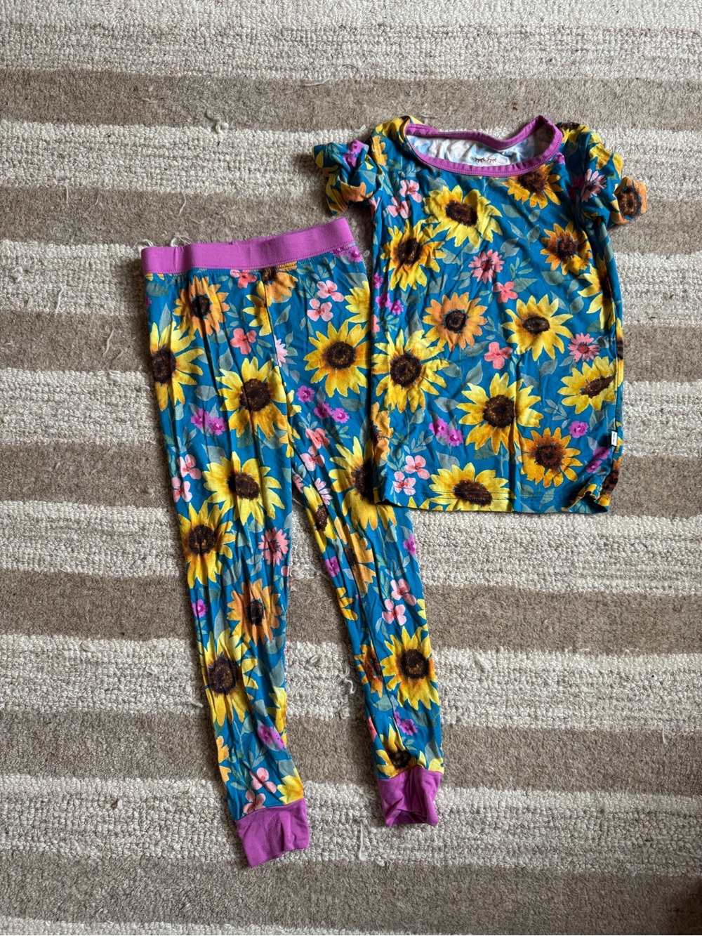Little Sleepies Sunflower Pajama Set - Teal & Yellow with Pink Trim